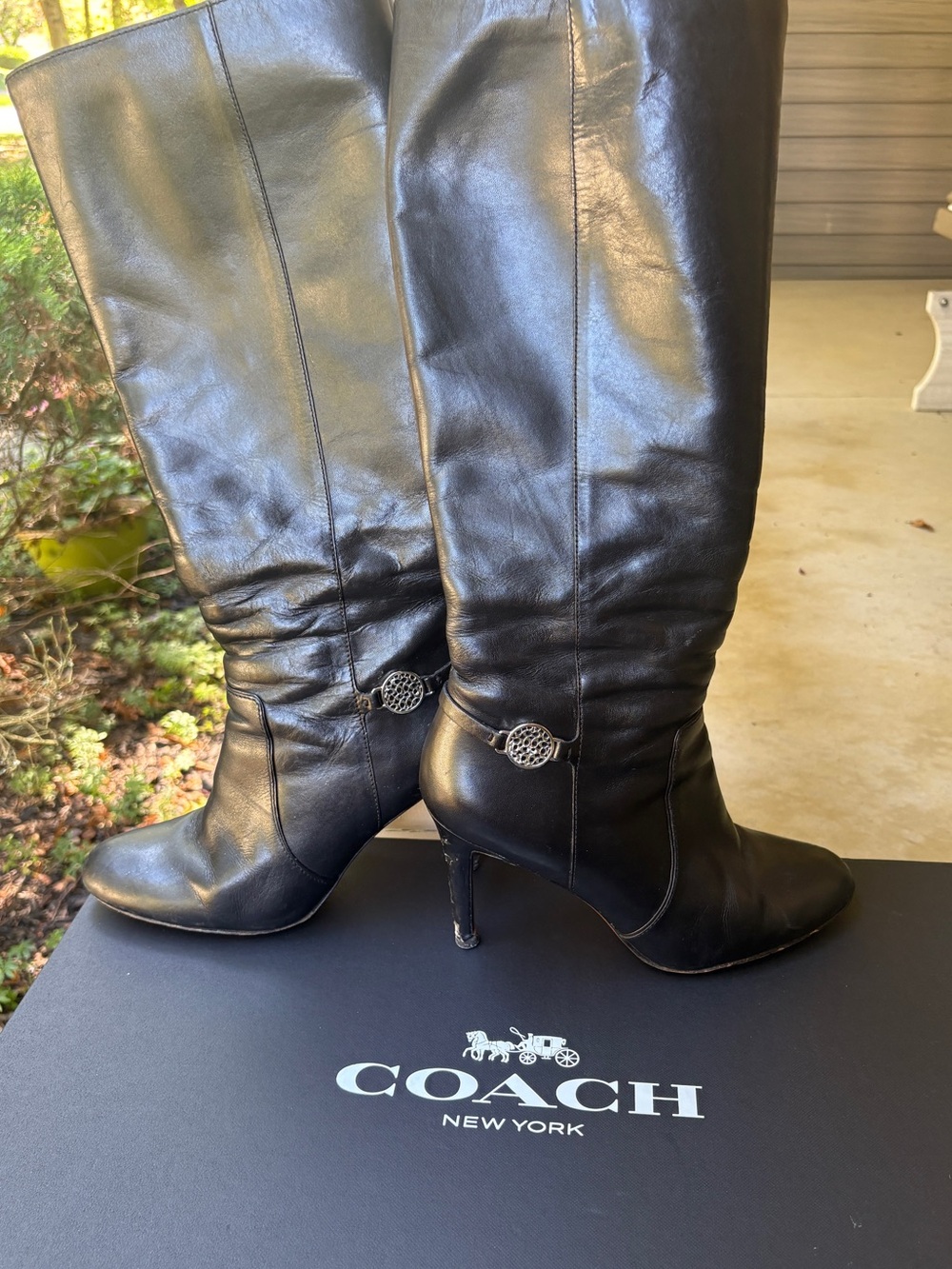 Coach Susette Black Leather Tall Stiletto Boots Size 8.5 TLC Needs Repair Box